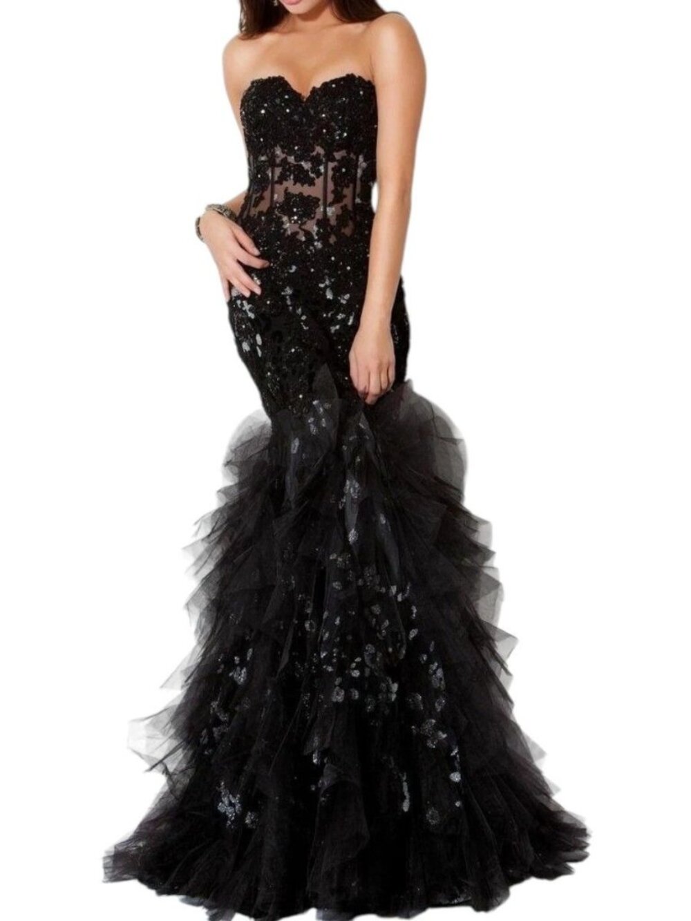 Jovani 172008 Black Silver Strapless Mermaid Prom Gown Corset Sequin Tulle 8